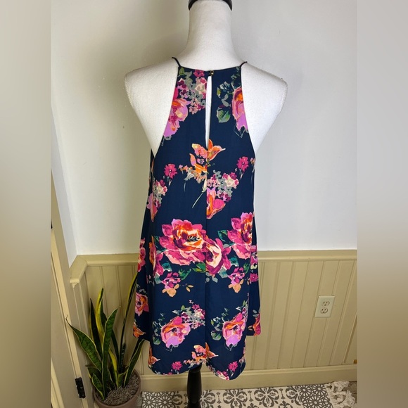 Everly Anthropologie Halter Dress M Navy Floral Fall Layering Boho Wedding Guest - Picture 4 of 10